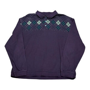 Arnold Palmer Shirt Mens Large Purple Argyle Long Sleeve Polo Golf Umbrella